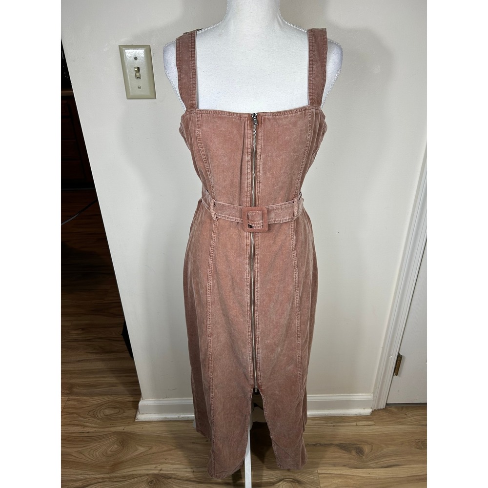 Sadie & Sage Corduroy Jumper Dress Women's M Washed Brown Zip Front Belted Midi
